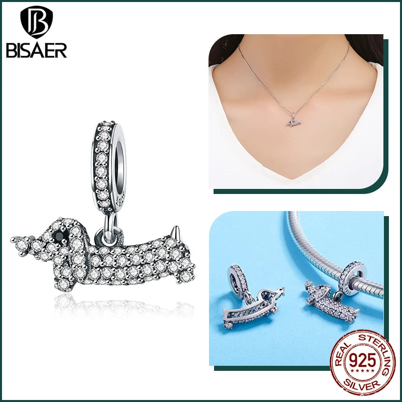 BISAER 925 Sterling Silver Dog Charm | Cute Dachshund Pet Bead Pendant for Women’s DIY Bracelet Jewelry