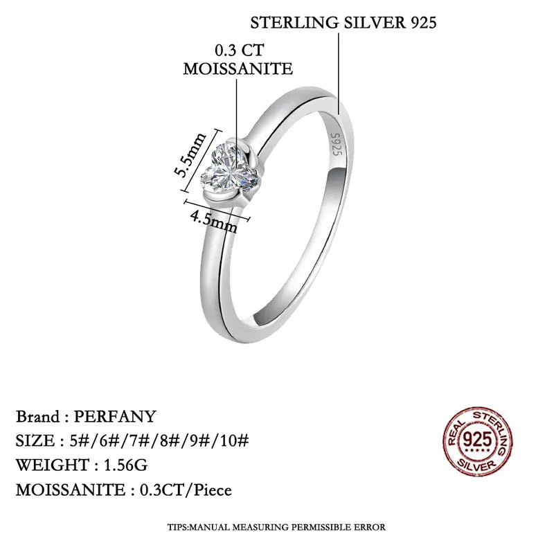 PERFANY 0.3CT Heart Cut Moissanite Ring S925 Silver | Women’s Classic Wedding & Party Jewelry