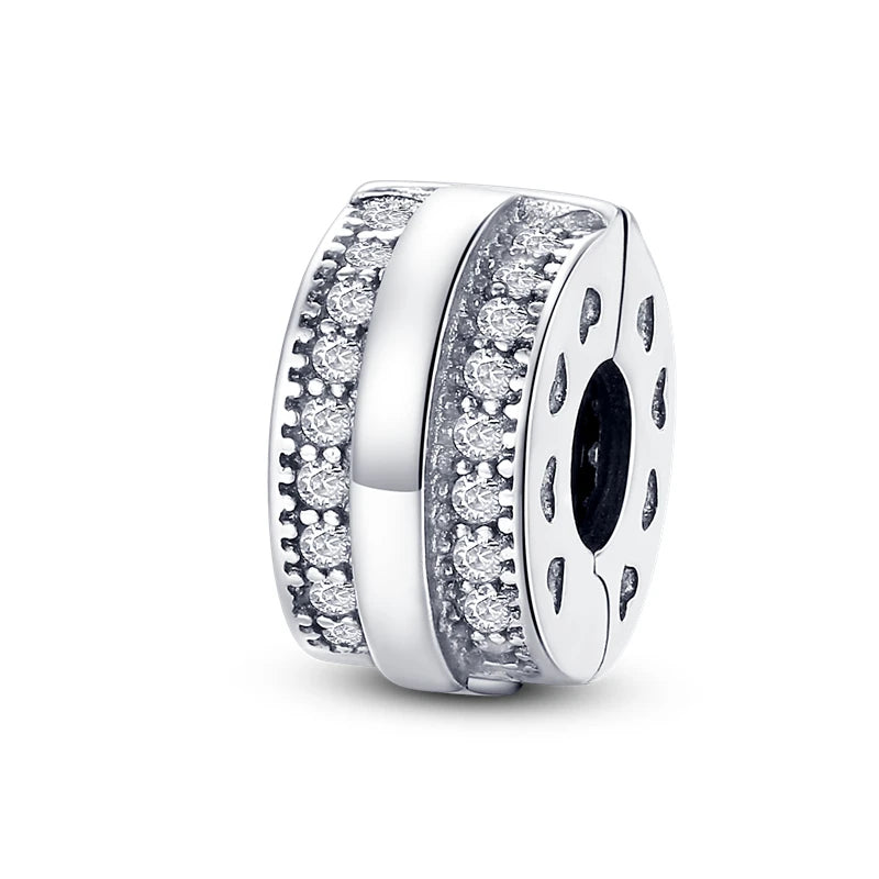 925 Sterling Silver CZ Pave Daisy Clip Charm & Safety Chain – Fits Original Pandora Bracelet, Women’s Silver Stopper Beads Jewelry