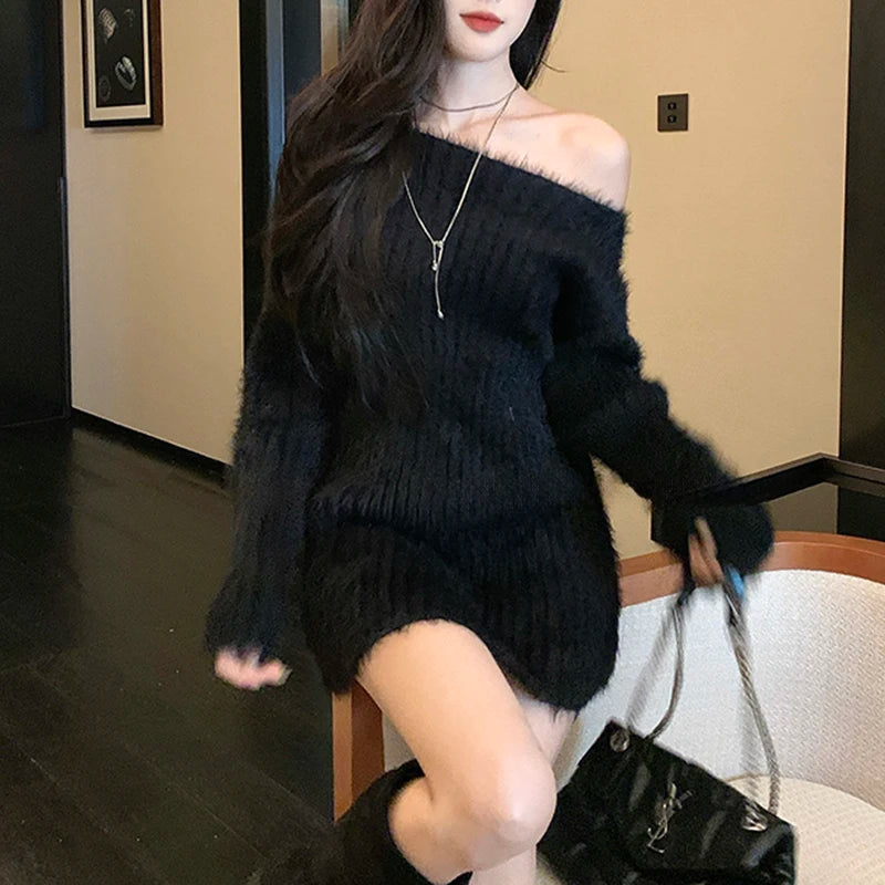 Fuzzy Knit Sweater for Women – Soft Fluffy Boat Neck Tunic Top | Rib-Knit Fitted Plain Jumper Autumn Winter Basic Outfit