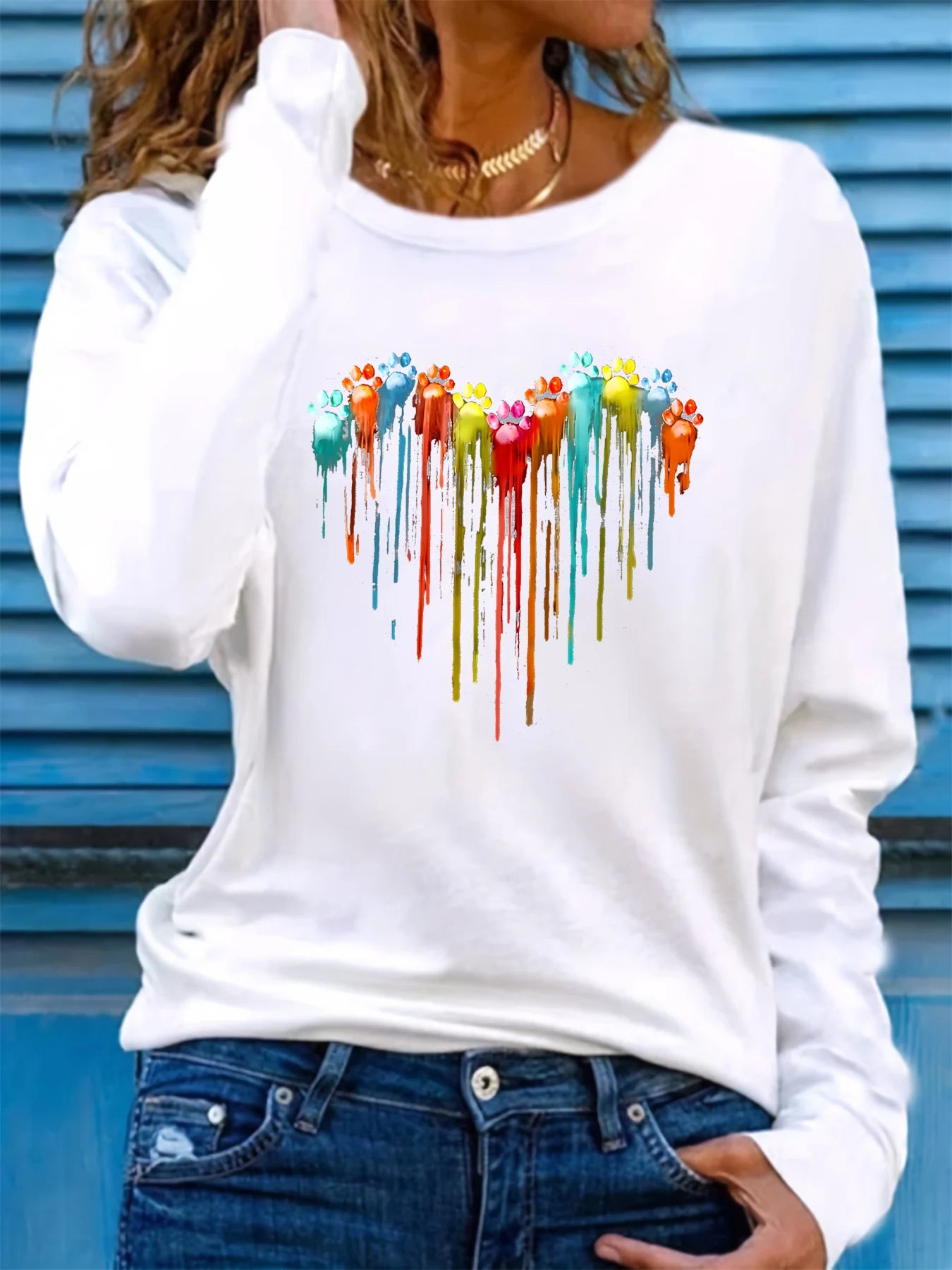 Women’s Autumn Heart Paw 3D Print Long Sleeve T-Shirt – Casual Oversized Fashion Top