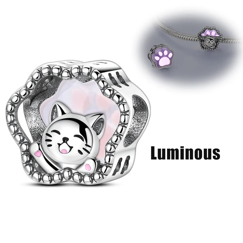 100% 925 Sterling Silver Teddy Bear, Kitten, Puppy & Elephant Luminous Firefly Charms | Sweet Beads Fit Pandora Bracelet Fine Jewelry
