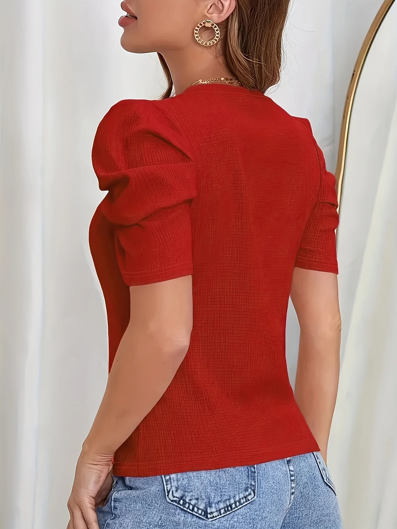Red Women’s Plus-Size Knitted Summer T-Shirt – Short Sleeve Casual Solid Top ❤️👚
