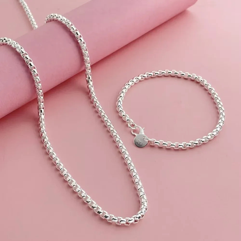 925 Sterling Silver 4MM Round Box Chain Bracelet & Necklace Set – Unisex Jewelry
