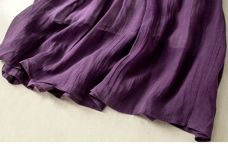 Women’s Summer Lightweight Cotton Dress – Long Sleeve Loose Waist A-Line Retro Dress with Belted Splice