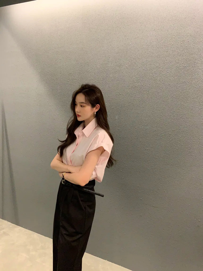 Chic Summer Loose Women’s Shirt | Classic Pure Color Professional Blouse with Small Lapel Collar