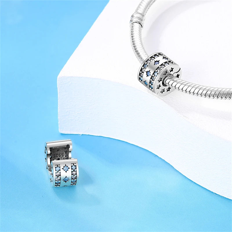 925 Sterling Silver Pave Clip Charms with Safety Chain | Colored Beads Stopper Clasp Fit Original Pandora Bracelet Jewelry