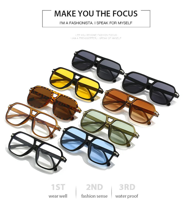 Retro Big Frame Square Sunglasses – Women & Men Double Beam One-Piece Designer Pilot Sun Glasses | Black Circular Cool Shades
