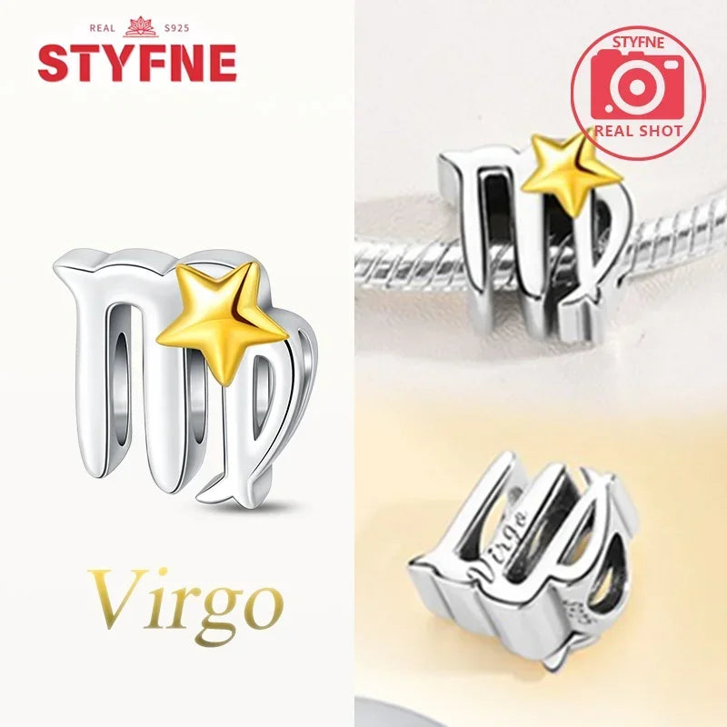 925 Silver Plated Twelve Constellations Charms Star Beads for Bracelet DIY Jewelry