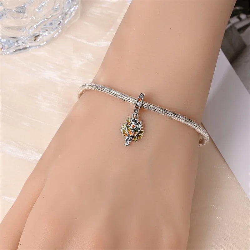 925 Sterling Silver Squirrel & Maple Leaf Charm | Shiny Zircon Autumn Beads Fit Pandora Bracelet DIY Jewelry