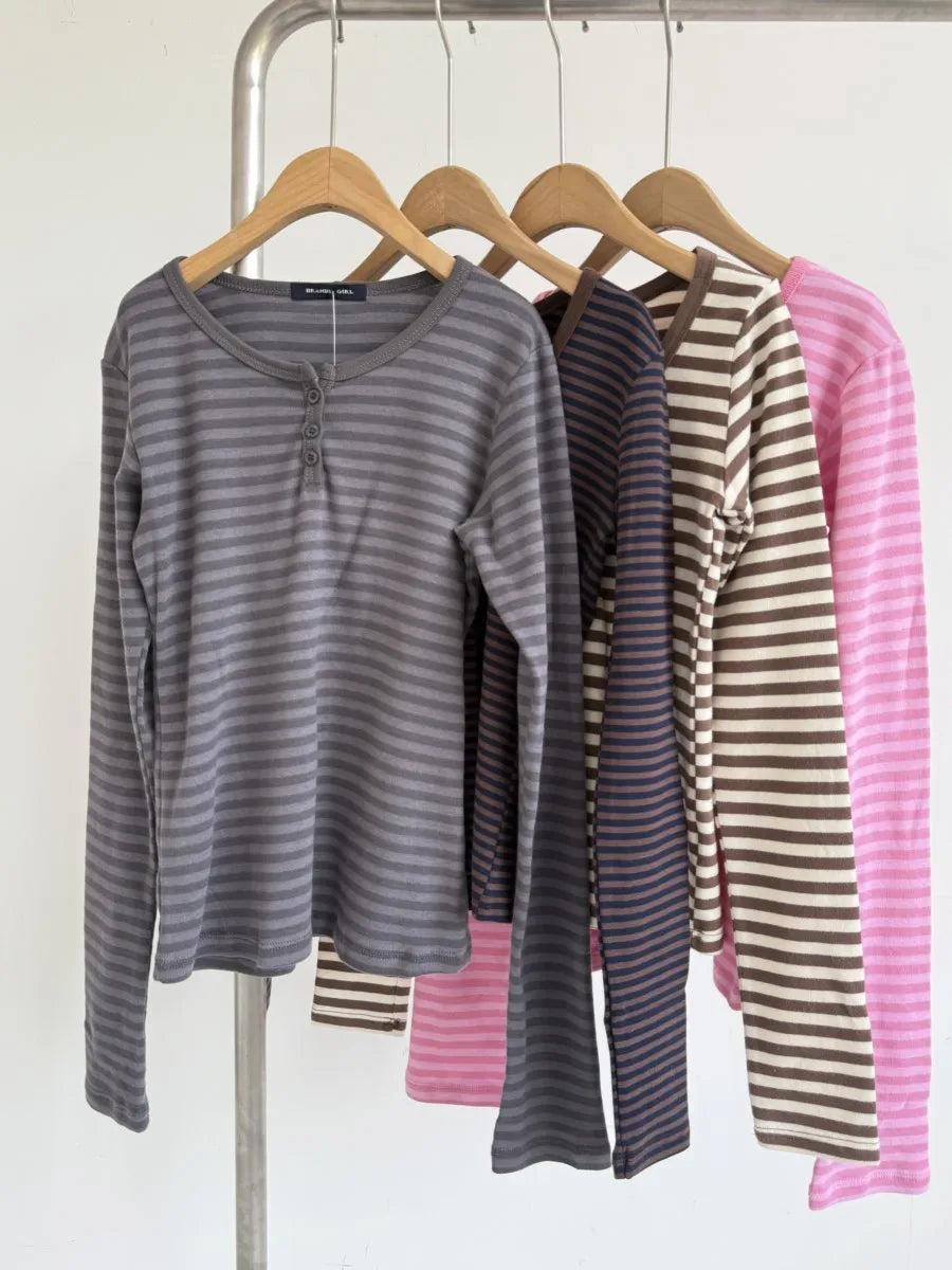 Women’s Pink Striped Slim Long Sleeve Tee | Casual Cotton O-Neck T-Shirt | Sweet Vintage Y2K Top