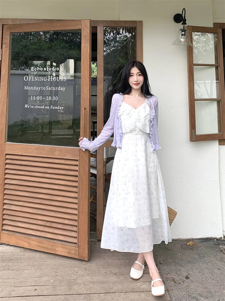 Floral Print Chiffon Tiered Dress – Slimming Tea Break V-Neck Skirt with Plant & Floral Pattern | Women’s Commute Wear