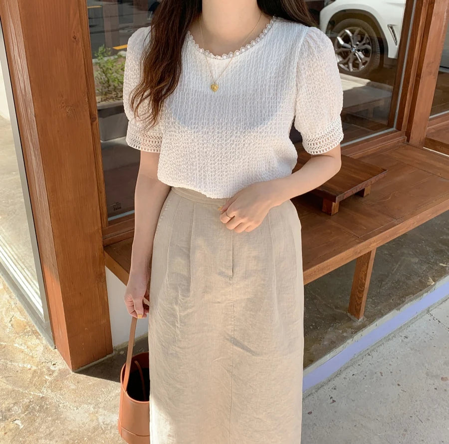 Elegant White Lace Hollow Out Blouse | Fairy-Style Bubble Sleeve Summer Top for Women