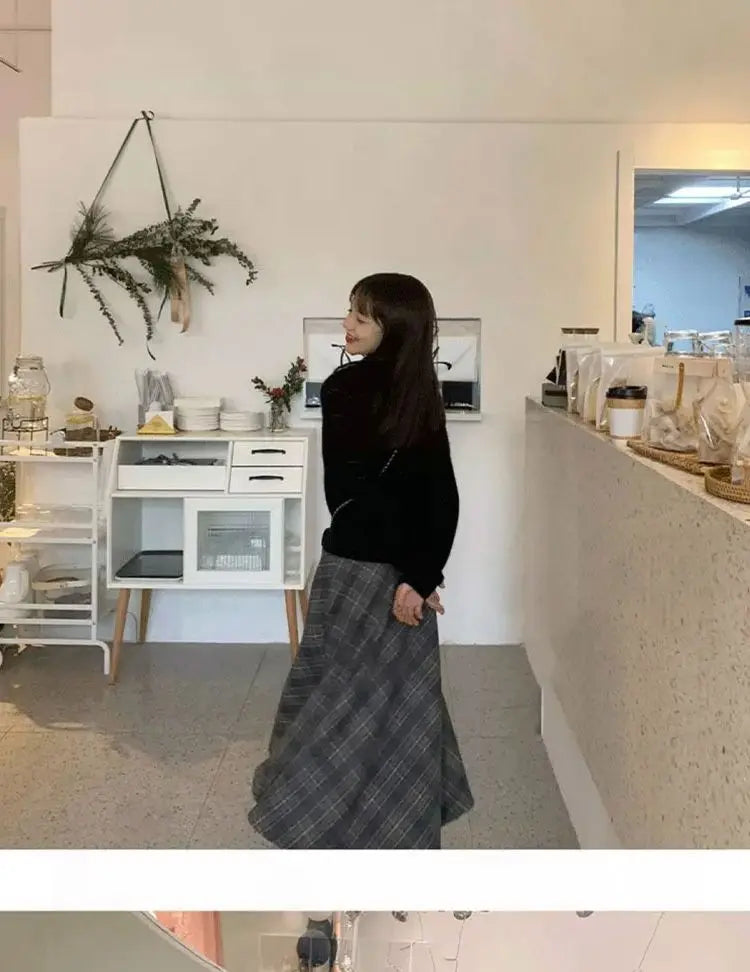 🍂 Retro Plaid Skirt 👗 Women's Autumn Winter New A-Line Umbrella Wrap Mid-Length Small Size Skirt 🌟