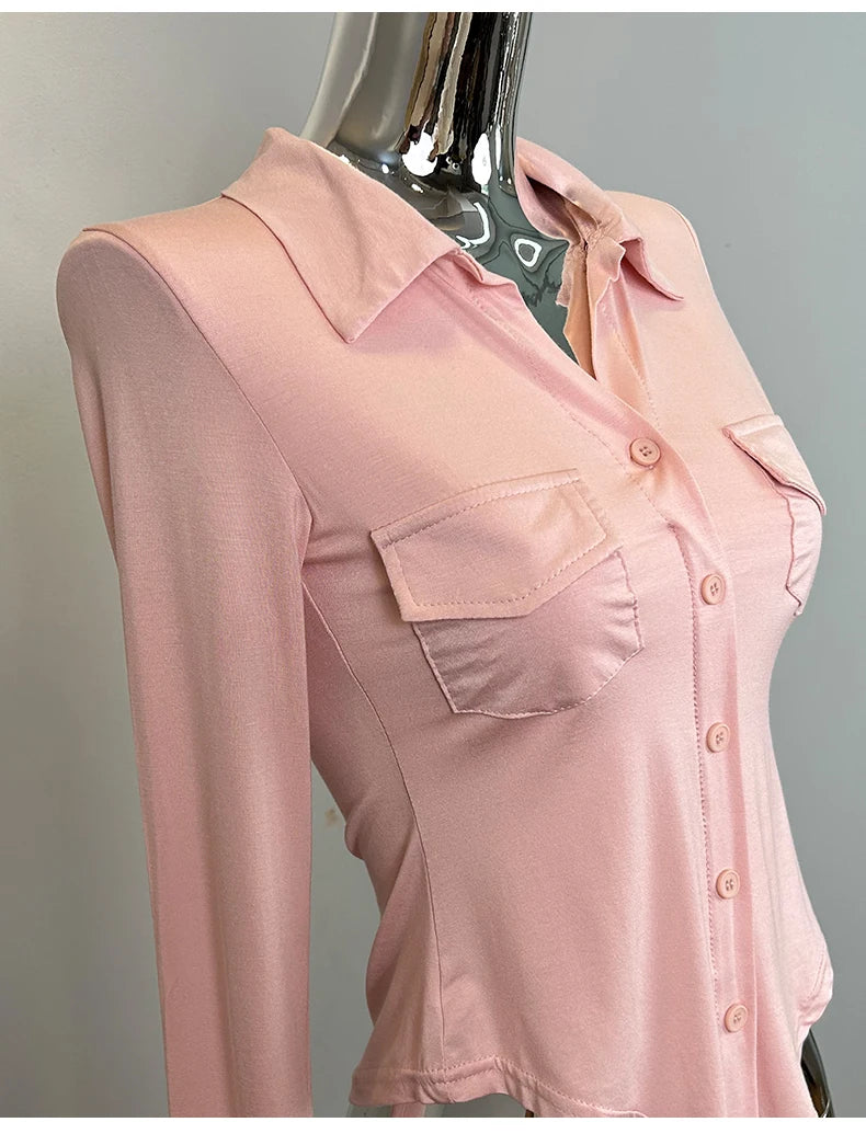 Sexy Button-Up Slim Fit Blouse – Women’s Early Autumn Korean Style Double Pocket Swing Top