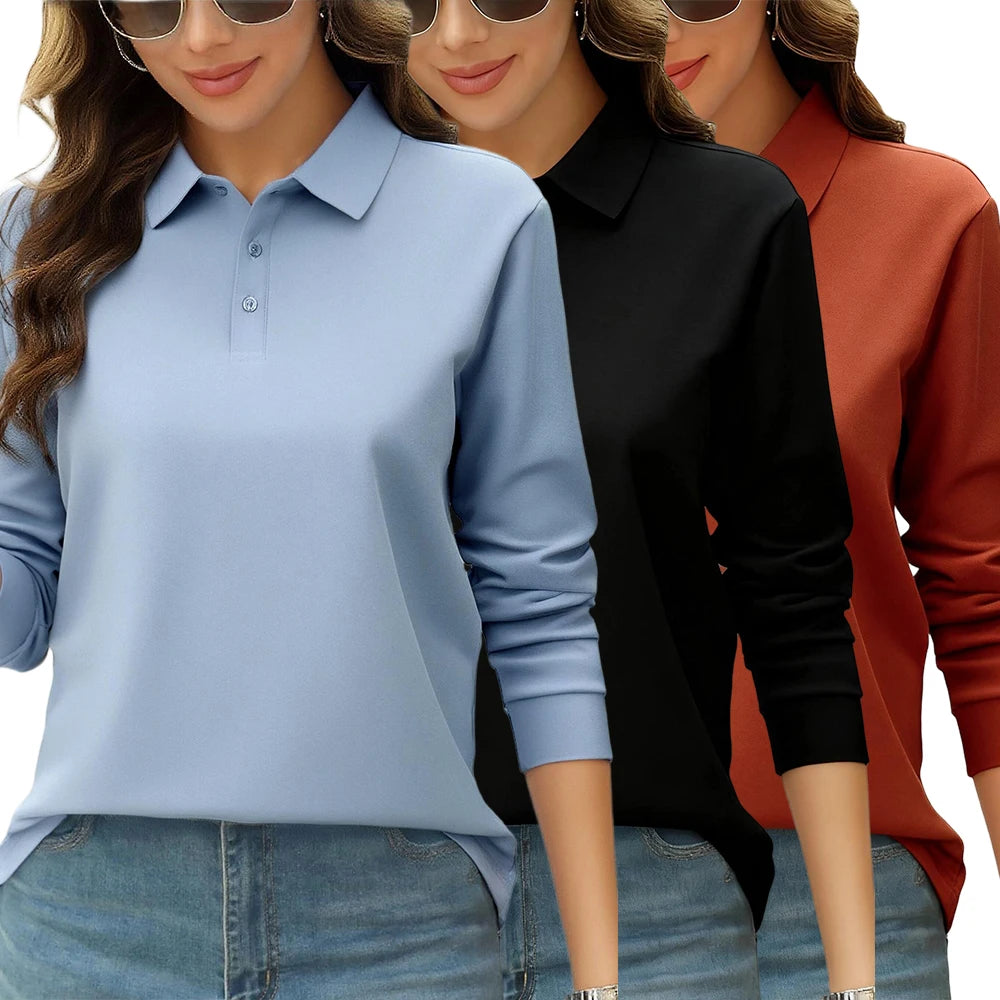 Solid Color Polo T-Shirt for Women | Soft Long Sleeve Lapel Top | Autumn Streetwear Unisex Hip Hop Style