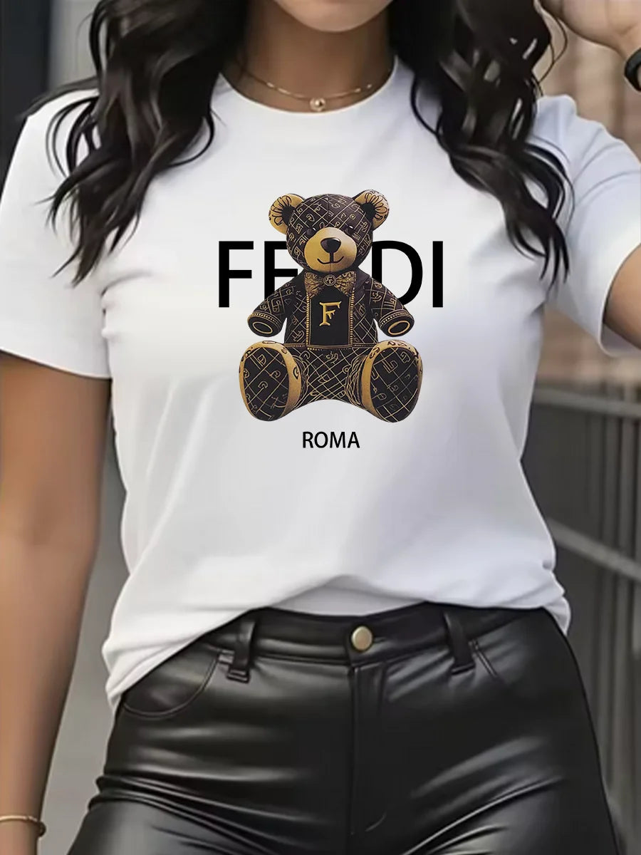 Summer Women’s Teddy Bear Graphic T-Shirt | Light Blue Short Sleeve Casual Crew Neck Top