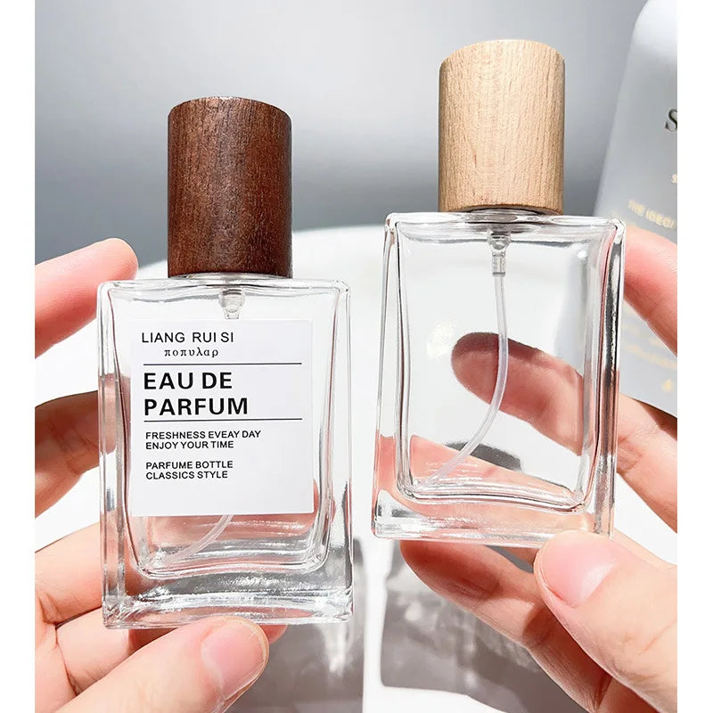 30ml / 50ml Refillable Perfume Bottle – Empty Glass Flat Square Spray Container | Portable Travel Cosmetic Bottle with Wooden Lid