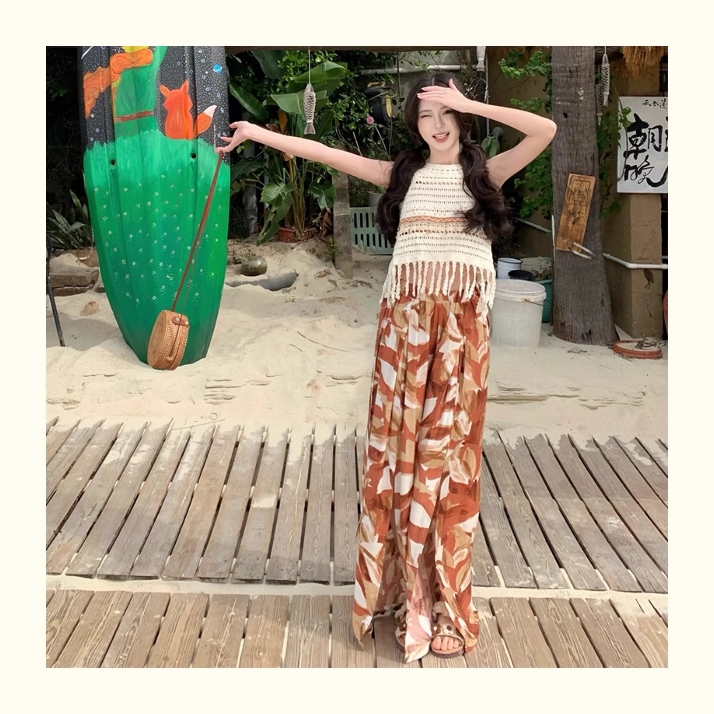 Vacation Style High Waist Wide Leg Pants – Thin Long Ethnic Print Pants for Beach & Holiday Wear