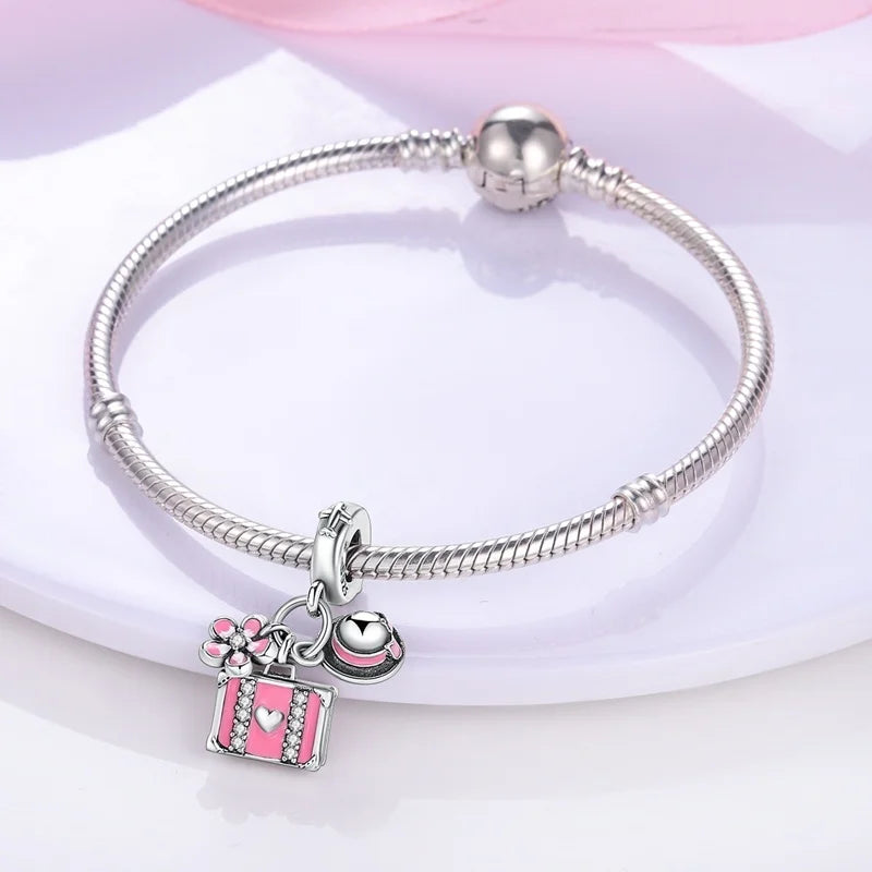925 Sterling Silver Romantic Princess Charm Beads – Pink Dress, Lipstick & Dancing Shoes Fit 3MM Bracelet