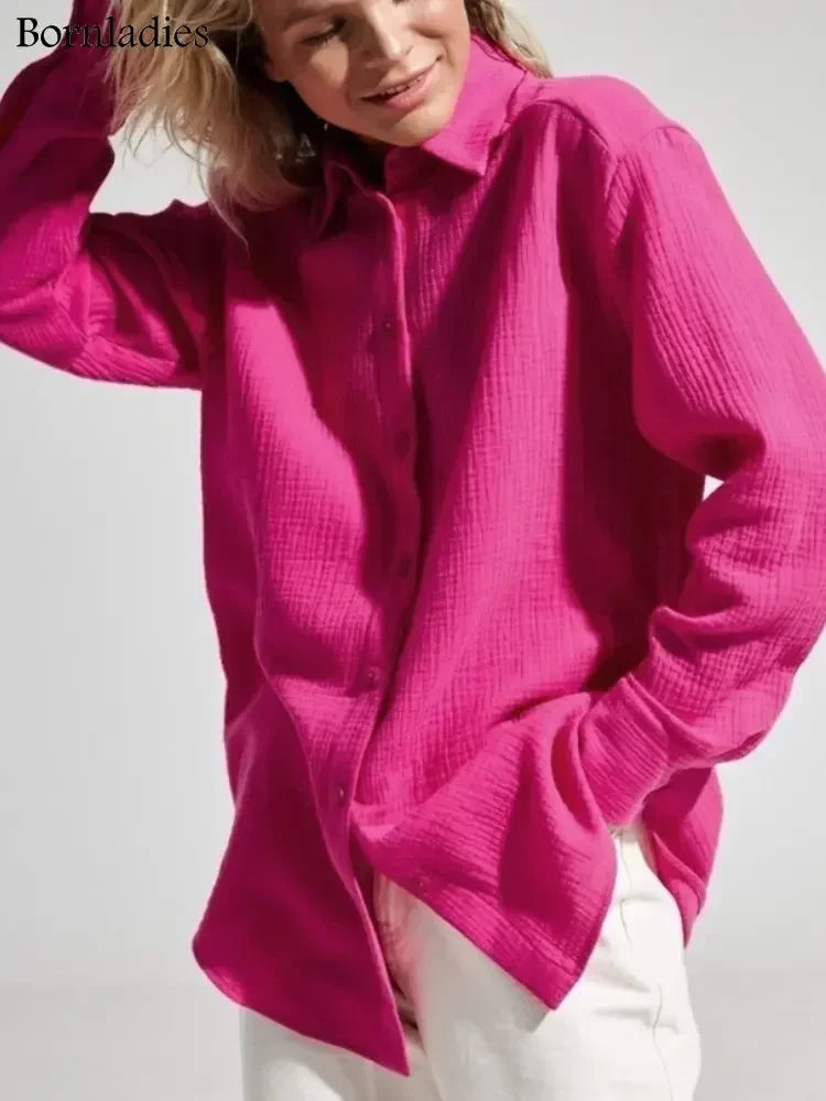 Bornladies 2025 Women’s Cotton Shirt – Solid Long Sleeve Loose Office Top 👚☀️