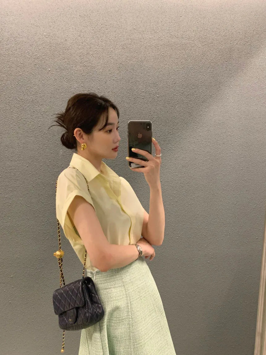 Chic Summer Loose Women’s Shirt | Classic Pure Color Professional Blouse with Small Lapel Collar