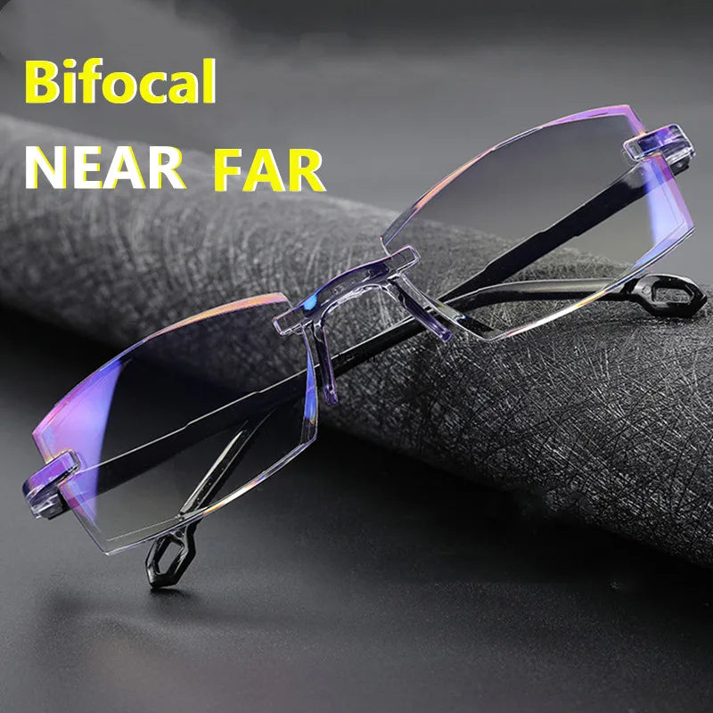 Men & Women Rimless Reading Glasses – Anti Blue Light Bifocal Eyewear for Far & Near Vision | Presbyopic Glasses +1.50/+2.00