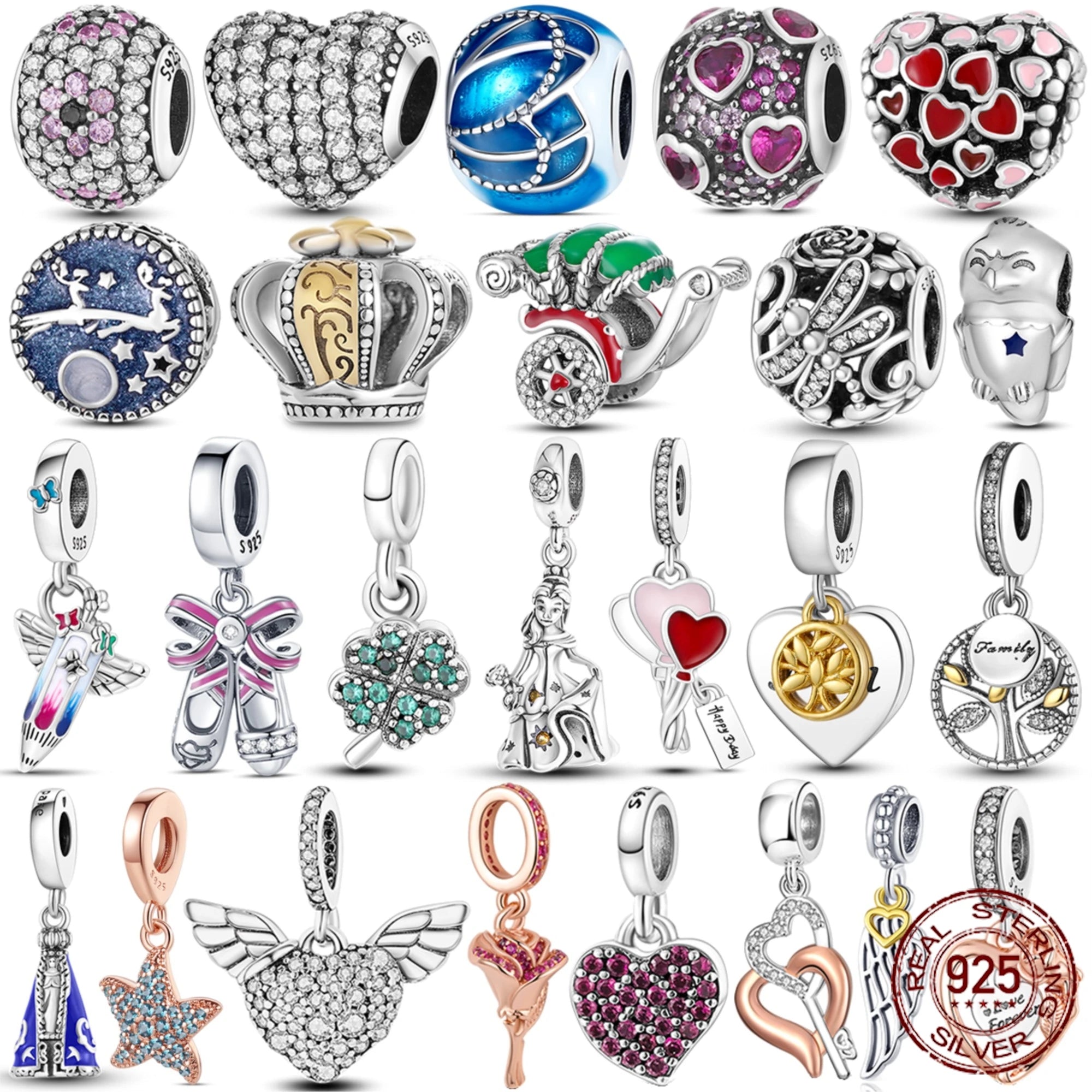 925 Sterling Silver Colorful Charms – Rose, Crown, Rainbow & Heart Dangle Beads Fit Pandora Bracelet & Necklace