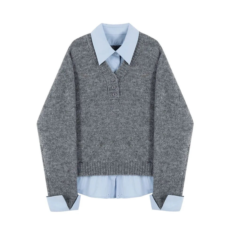 Fashionable Loose Knitted Sweater for Women | Fake Two-Piece Long Sleeve Top | Autumn Winter Warm Korean Style Pullover