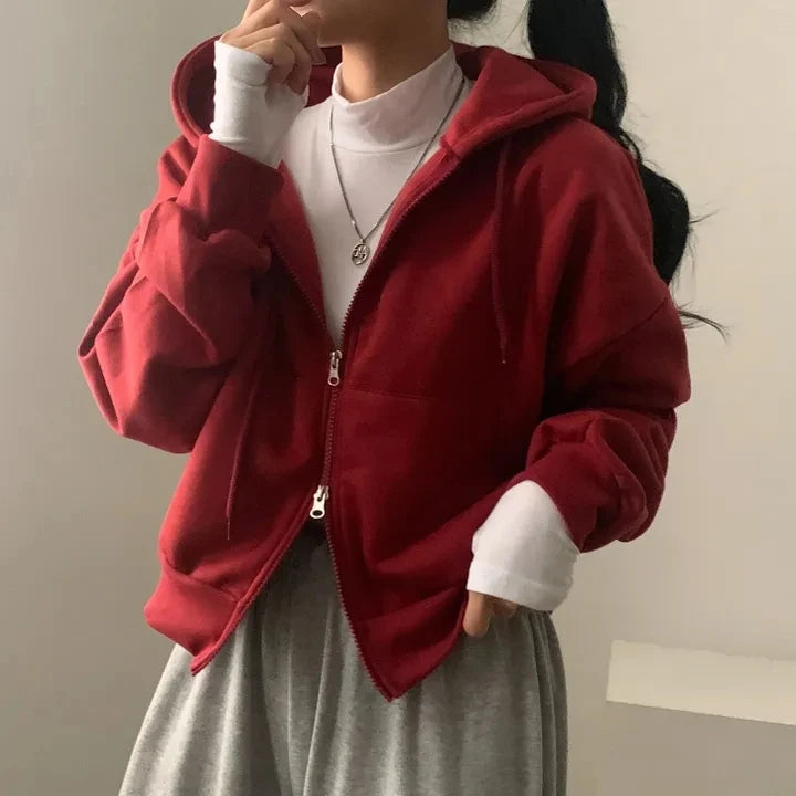 Chic Early Autumn Casual Long Sleeve Hoodie – Double Zipper Loose Versatile Cotton Pullover | Pure Color Commute Wear