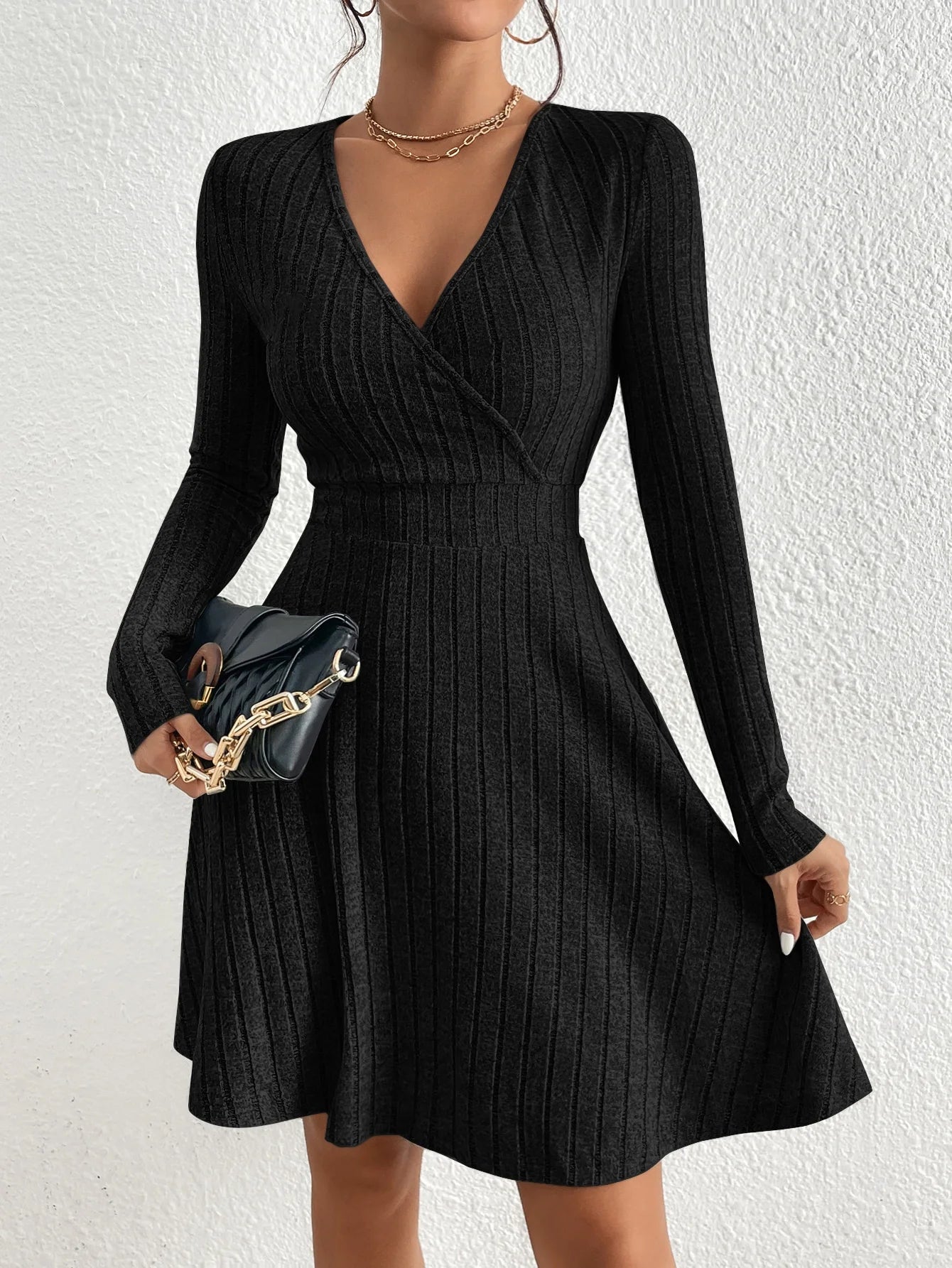 Women’s Slim Fit V-Neck Knit Dress – Long Sleeve Autumn Winter Sexy Bodycon Sweater Midi Dress, Casual Solid Color