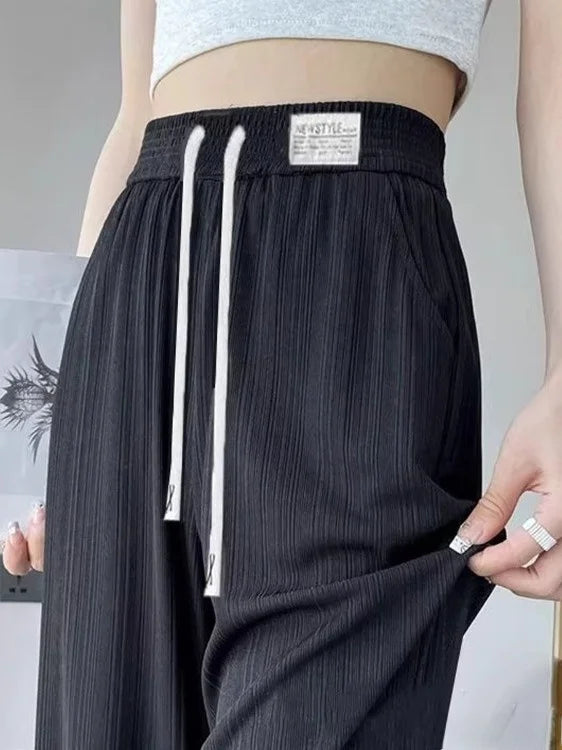 New 2025 Women’s Ice Silk Wide Leg Pants – High Waist Loose Thin Straight Casual Korean Trousers