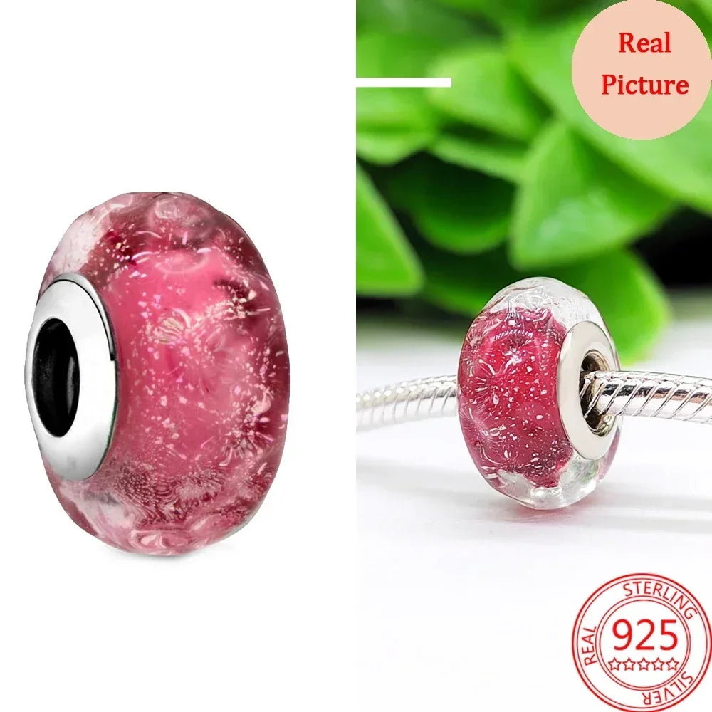 925 Sterling Silver Murano Glass Galaxy & Clover Heart Beads | Fit Pandora Bracelet DIY Jewelry Gift for Mum