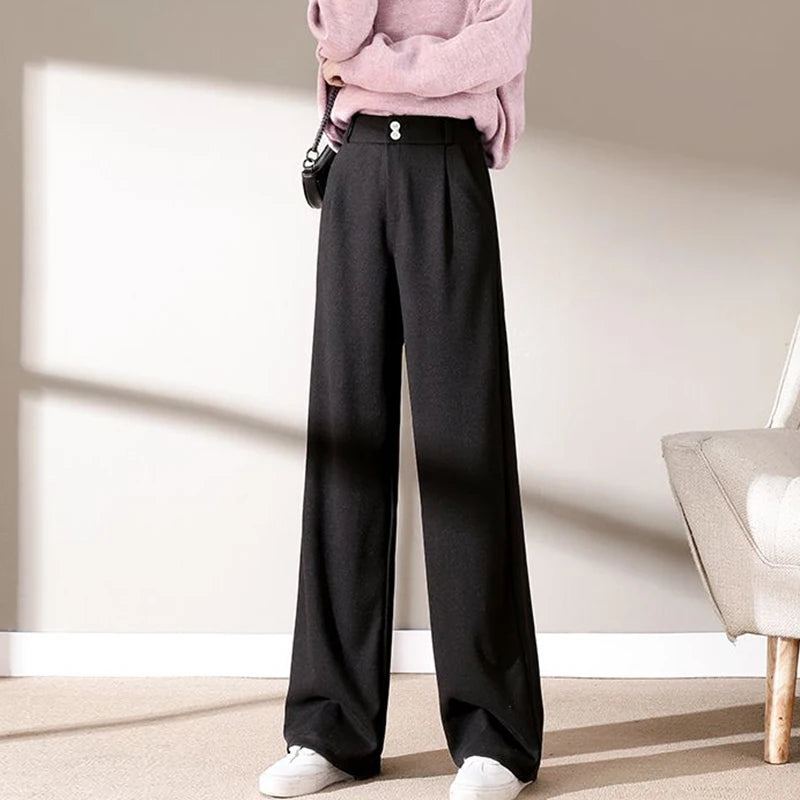 Women's High Waisted Woolen Pants | Autumn Winter Thick Trousers | Classic Straight Leg Fashion Pants