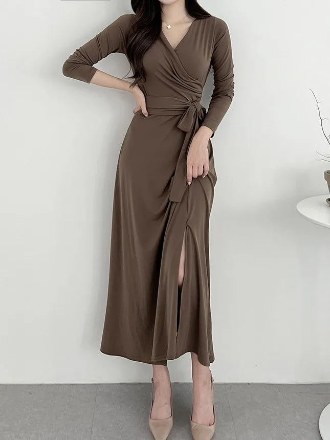 ✨ Slimming V-Neck Cross Wrap Long Dress 👗 Women's Base Layer Dress 🌸 Belted Waist Split Long Sleeve Colorful Commute Wear