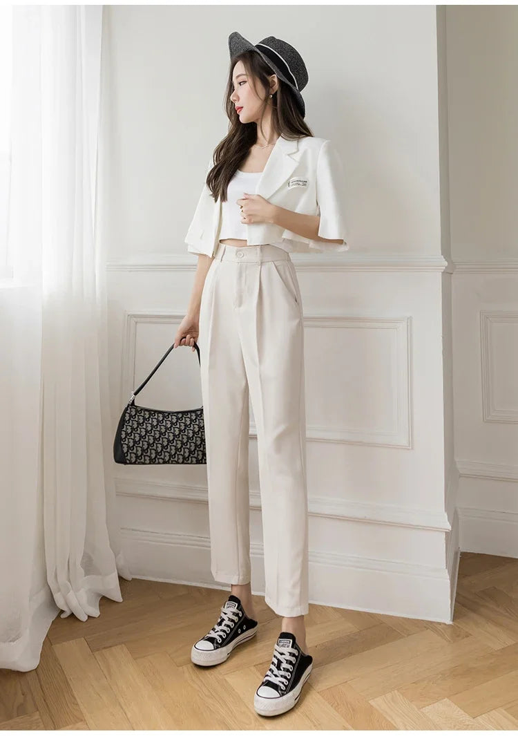 Women’s High Waist Suit Pants | Summer Black Harem Business Pants | Korean Style Pocket Thin Nine-Point Trousers