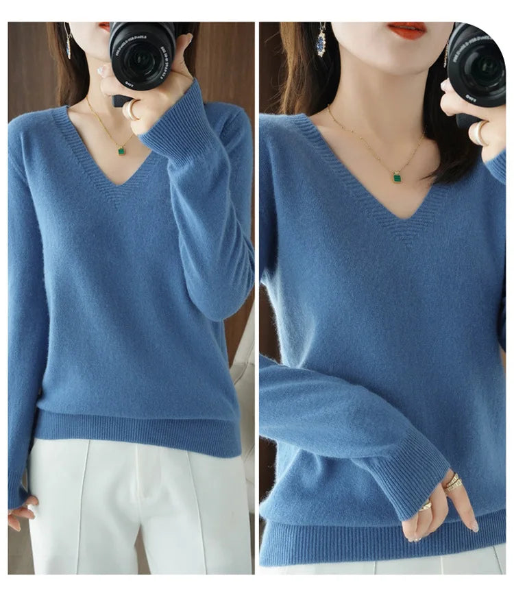 2025 Women’s V-Neck Knitted Sweater | Slim Fit Soft Knit Pullover for Autumn & Winter