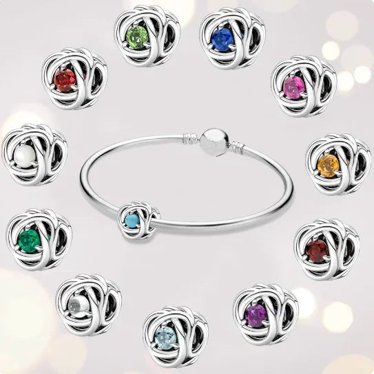 Silver S925 Twelve Month Birthstone Heart Eternity Charms | Fit Original Bracelet | Women’s DIY Fine Jewelry Beads