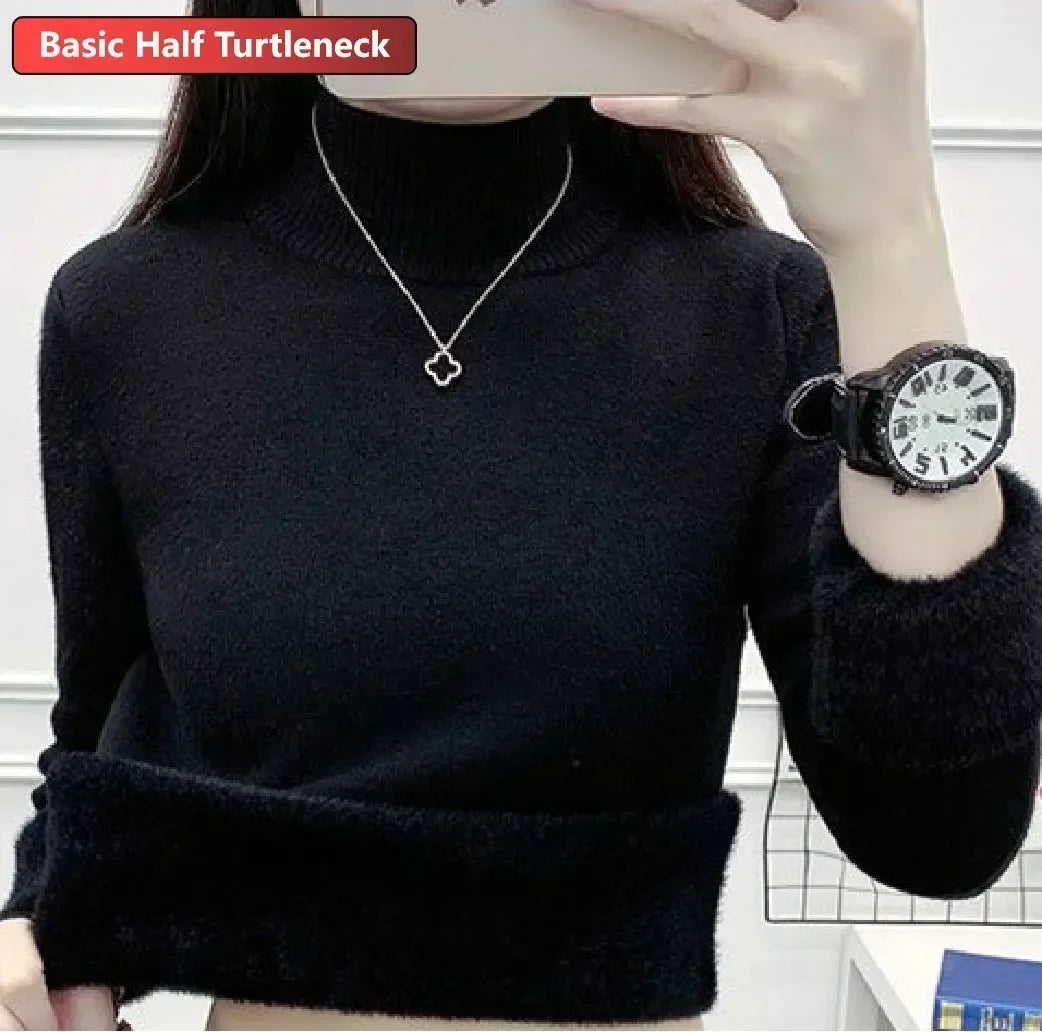 Women Winter Thicken Turtleneck Sweater – Slim Knit Plush Velvet Lined Warm Pullover Jumper