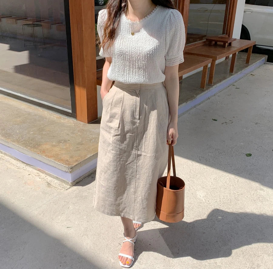 Elegant White Lace Hollow Out Blouse | Fairy-Style Bubble Sleeve Summer Top for Women