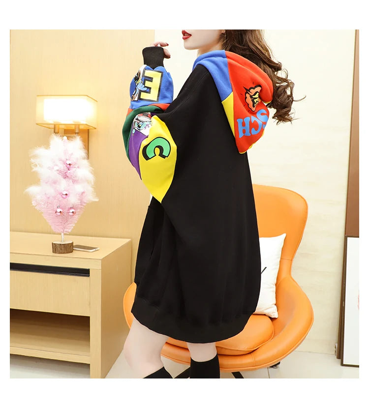 Plus Size Women’s Hoodie – Fleece-Lined Mid-Length Jacket | Autumn Winter Trendy Korean Style Long Sleeve Sweatshirt