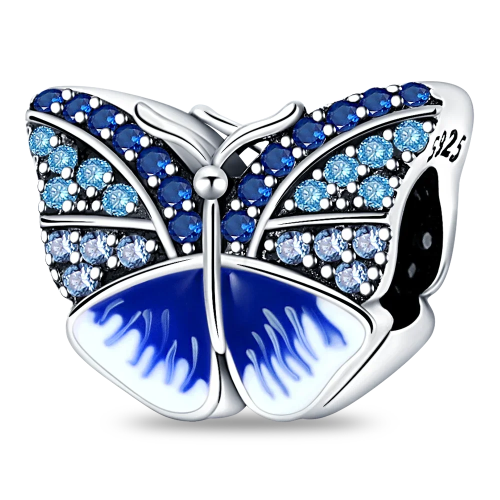 925 Sterling Silver Blue Series Charm | Dragonfly, Butterfly, Bird & Pansy Flower Pendant for 4MM Bracelet