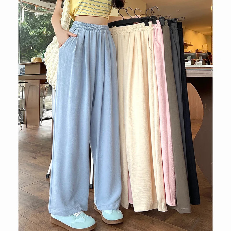 Summer Women Colorful Ice Silk Pants | High Waisted Wide Leg Trousers | Baggy Straight Leg Casual Pants