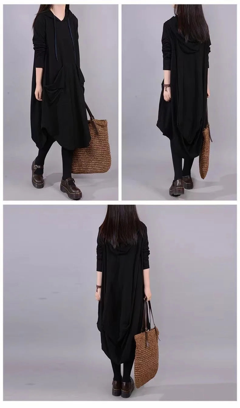 Artistic Loose Midi Dress for Plus Size Women | Autumn Hooded Long Sleeve Polyester Fiber Dress | Casual Commute Fashionable