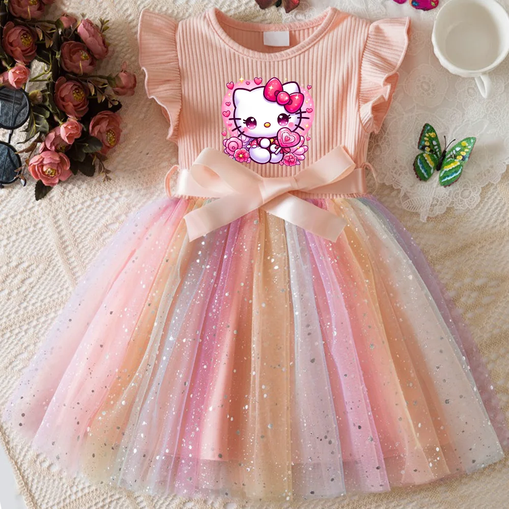 Hello Kitty Flying Sleeves Bow Sequin Princess Dress for Girls | Birthday Party Tutu Dress | Fluffy Baby Girl Dress 1–5 Years