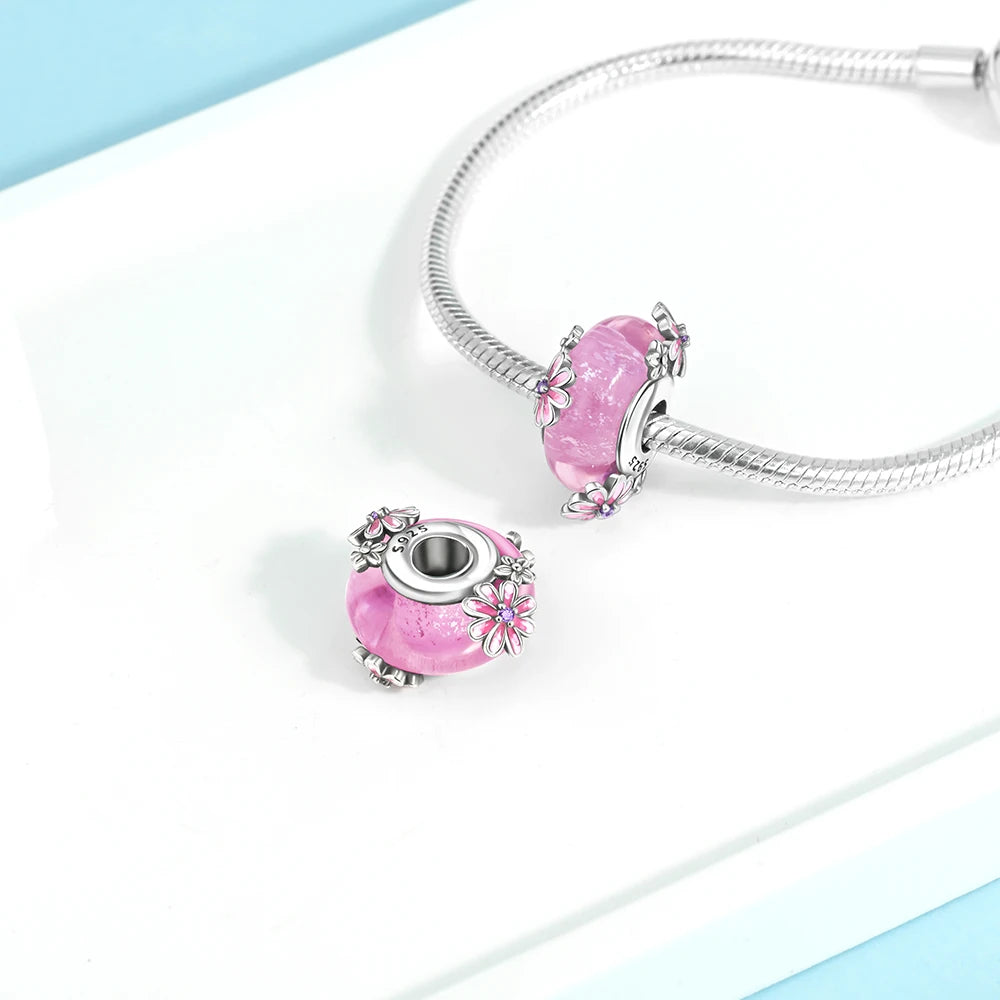 New 925 Sterling Silver Pink Daisy Murano Glass Charm | Cold Enamel Bead Fit Pandora Bracelet & Necklace