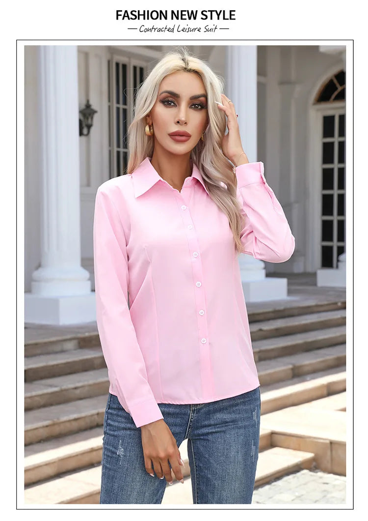 Women’s Solid Color Long Sleeve Shirt – Spring Autumn Casual Turn-Down Collar Loose Top