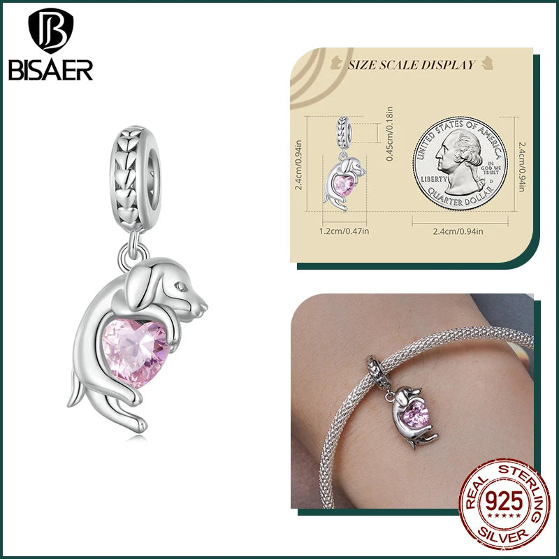 BISAER 925 Sterling Silver Dog Charm | Cute Dachshund Pet Bead Pendant for Women’s DIY Bracelet Jewelry