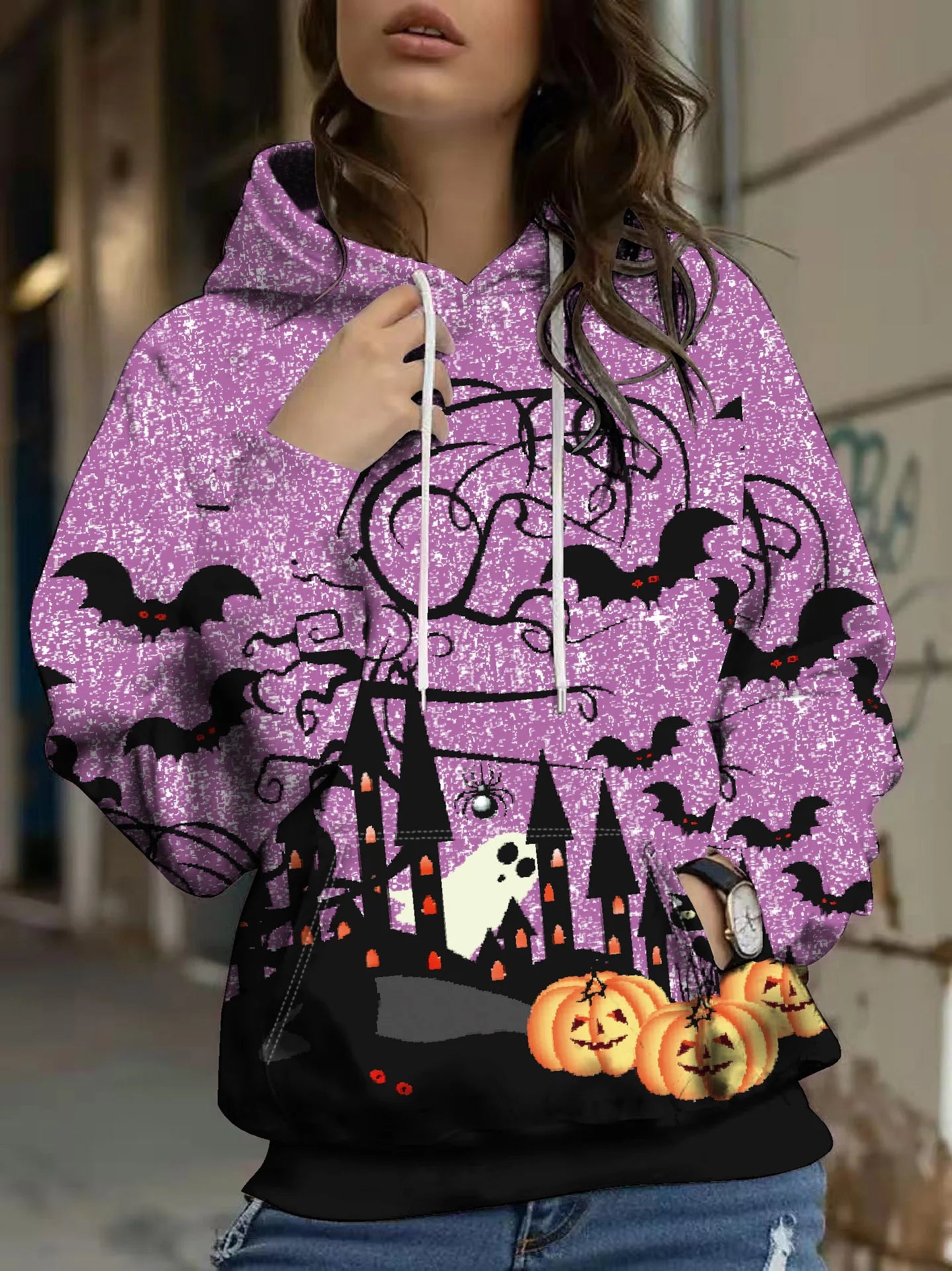 Loose Women’s Sweatshirt Hoodie | Halloween Retro Casual Pullover with Pocket | Long Sleeve Commuter Style
