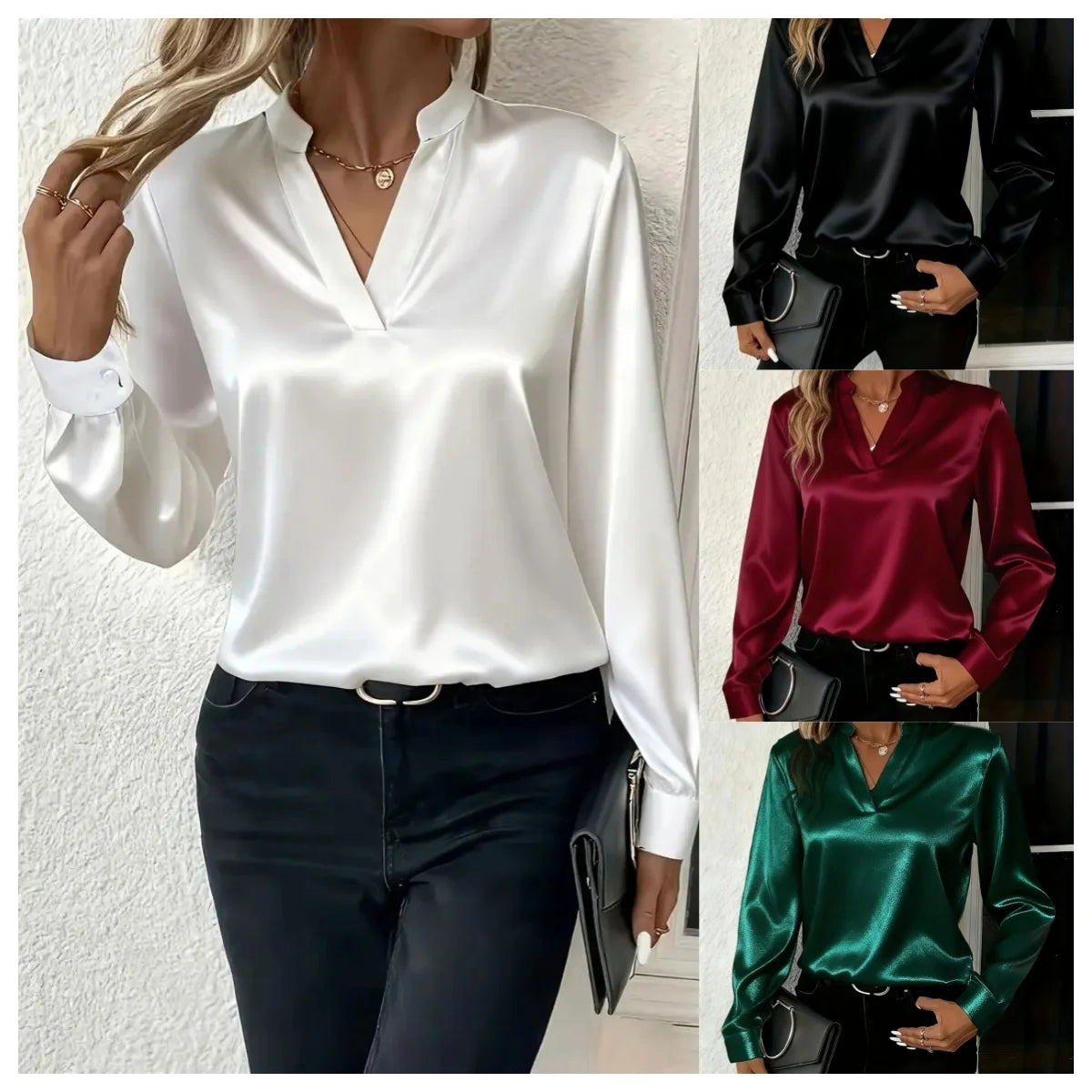 Elegant Long Sleeve V-Neck Silk-Like Top for Women – Office & Evening Wear Blouse